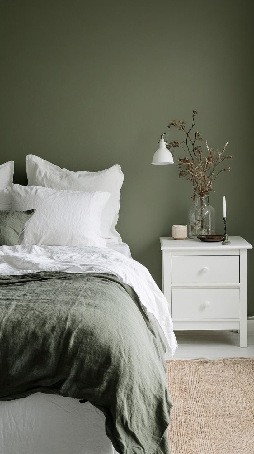 23 Stunning Olive Green Bedroom Ideas You’ll Absolutely Love 8 2. Minimalist Olive Green and White Bedroom Oasis-2
