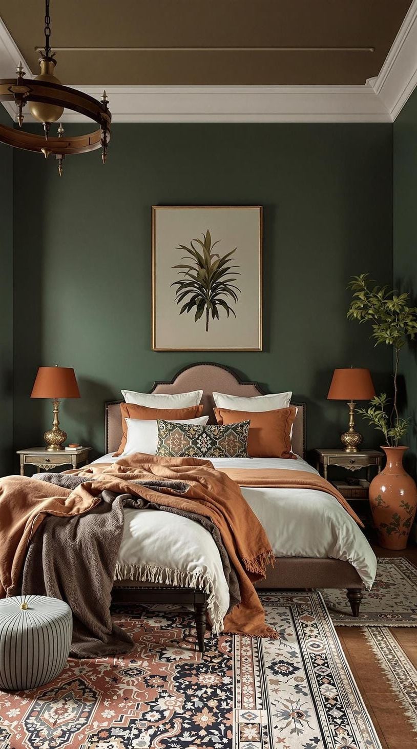 20 Moody Green Bedroom Ideas for a Cozy Retreat 37 12. Regal Terracotta: Contrast muted green walls against terracotta pottery and rugs for a regal touch-0