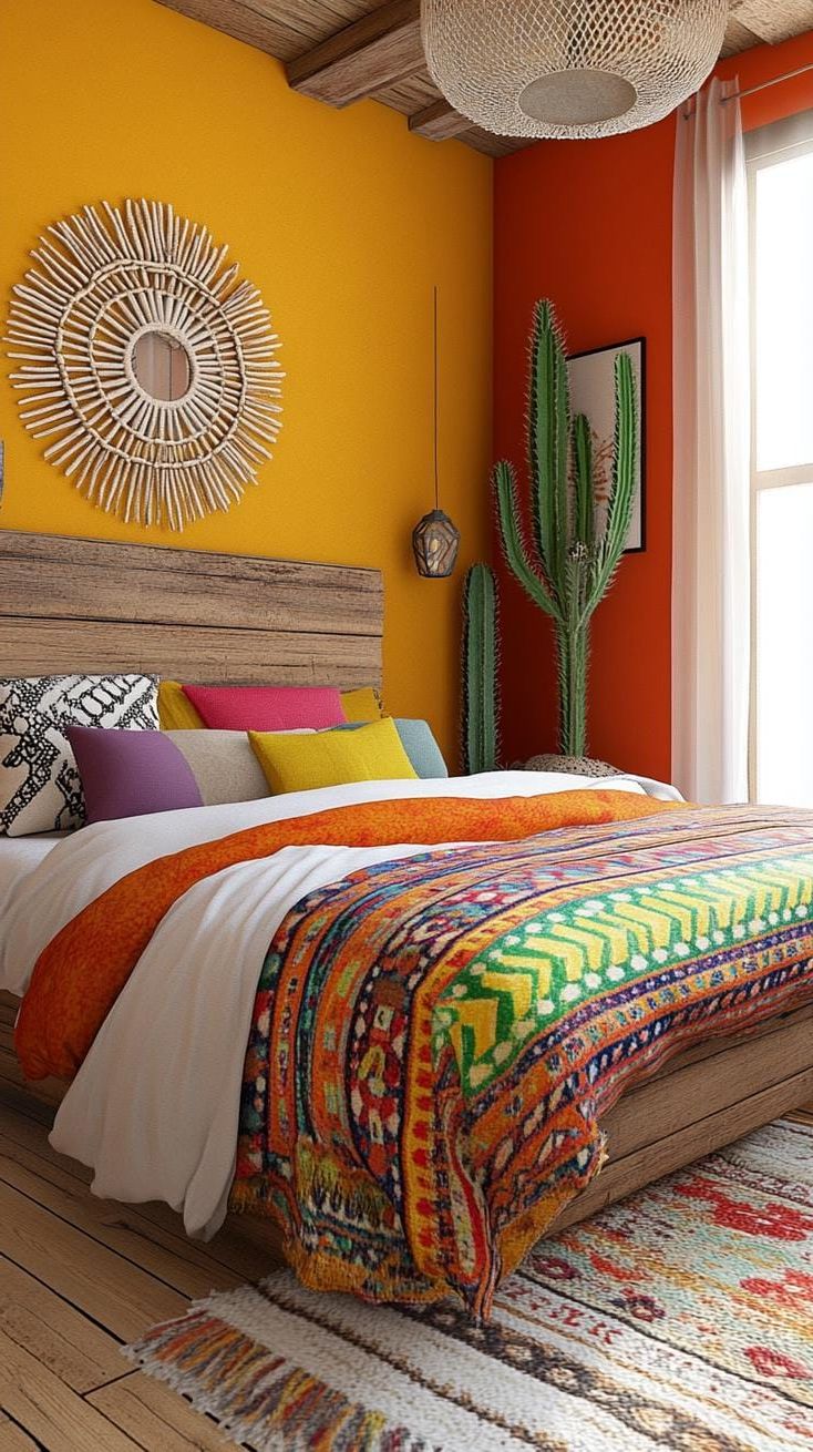 6. Desert Sunset Sanctuary: Layer warm reds, oranges, and yellows with wooden elements and cacti plants-0