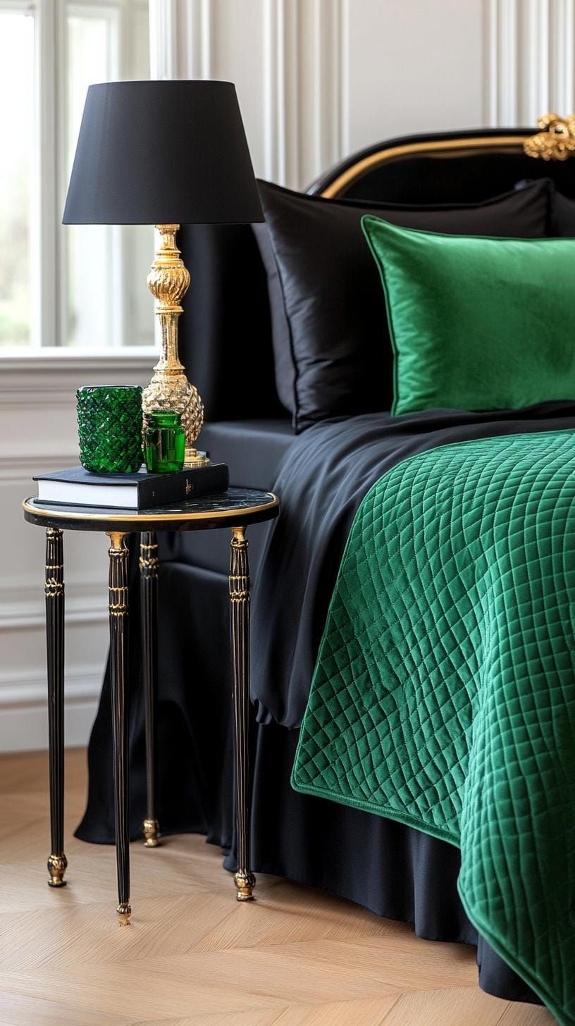 20 Elegant Green and Black Bedroom Ideas You Must See 42 13. Regal Refinement: Implement black silk linens paired with emerald quilted throws for a royal touch-3