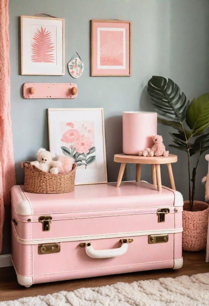 19 Dreamy Pink Boho Nursery Ideas: A Blend of Warmth, Whimsy, and Chic Bohemian Style 18 13. Pink Suitcase Storage Ideas-0