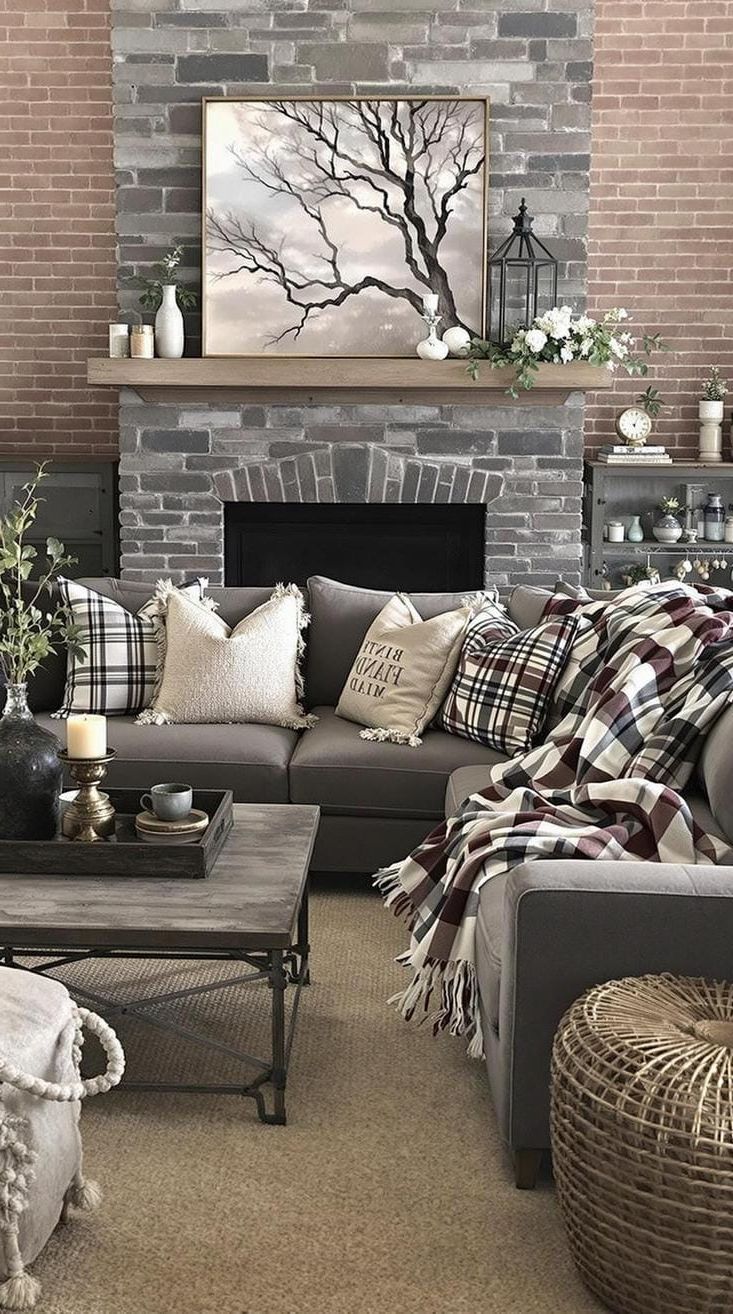 21 Best Industrial Farmhouse Living Room Ideas to Inspire 50 17. Explore an industrial farmhouse layout featuring distressed textures against muted textiles, like plaid throw blankets or burlap cushions-0