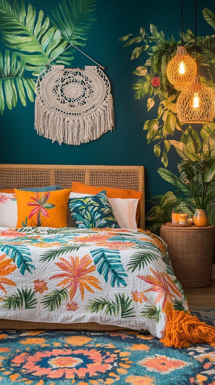 3. Tropical Oasis Retreat: Utilize vibrant orange and teal with tropical leaf patterns and macramé touches-1