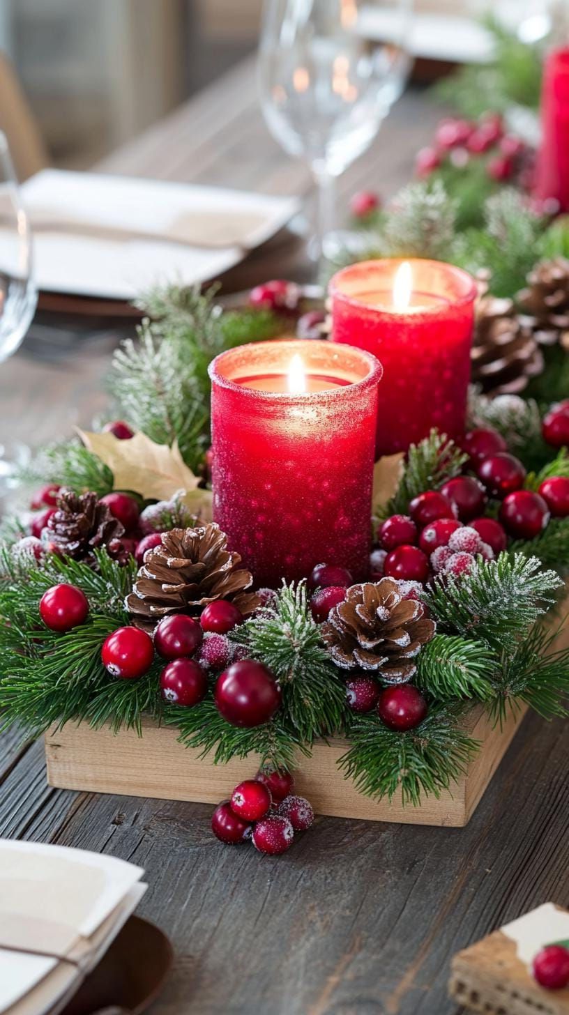 15 Stunning Winter Centerpieces to Transform Your Table 28 9. Winter Wreath Centerpiece: Place a small decorative evergreen wreath on the table surrounded by scattered frosted cranberries and votive candles-1