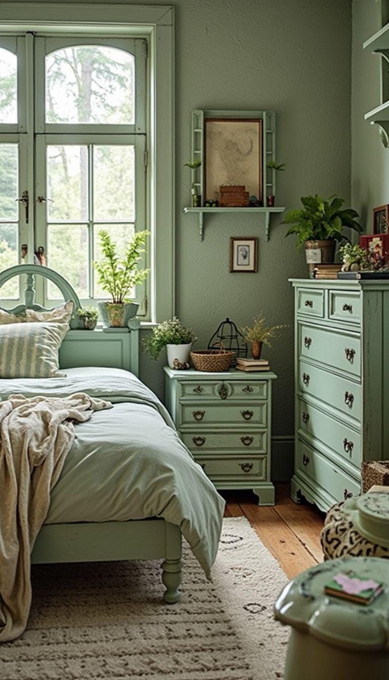 22. Upcycled Charm: Reimagine old furniture into sage-painted pieces for a personalized touch-0