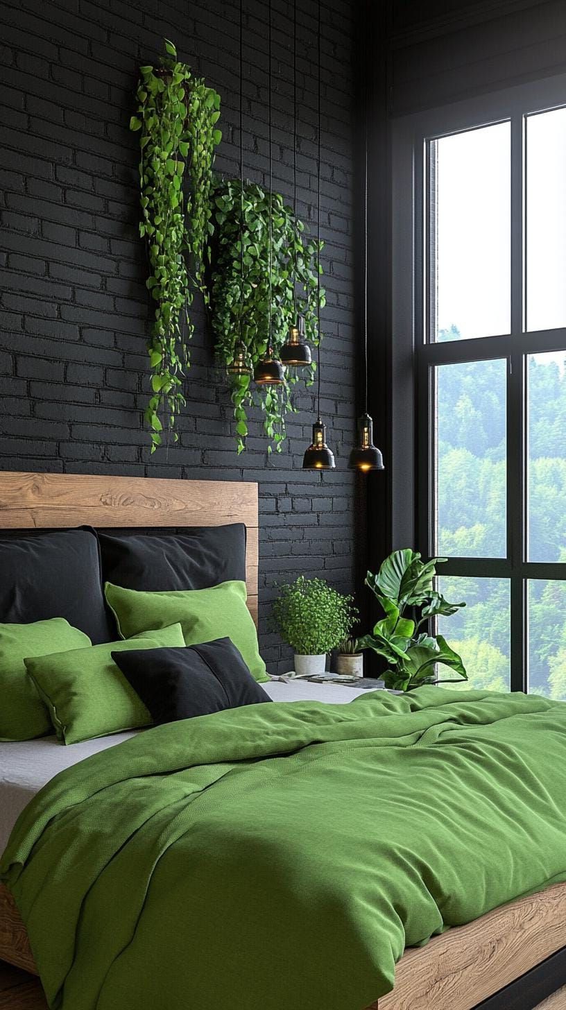 20 Elegant Green and Black Bedroom Ideas You Must See 30 10. Industrial Envy: Expose black brick walls with ivy or climbing plants for that rustic loft impression-0