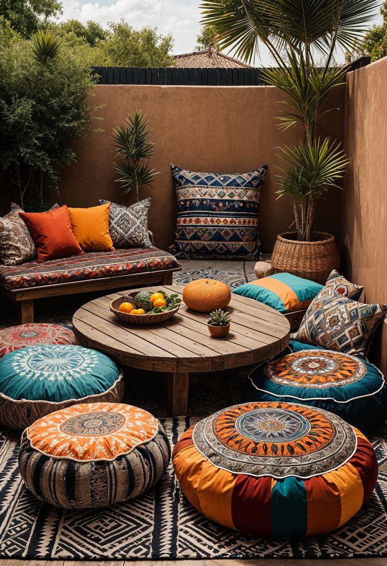 15 Chic Boho Patio Ideas You’ll Love 37 15. Chic Outdoor Cushions and Poufs-1