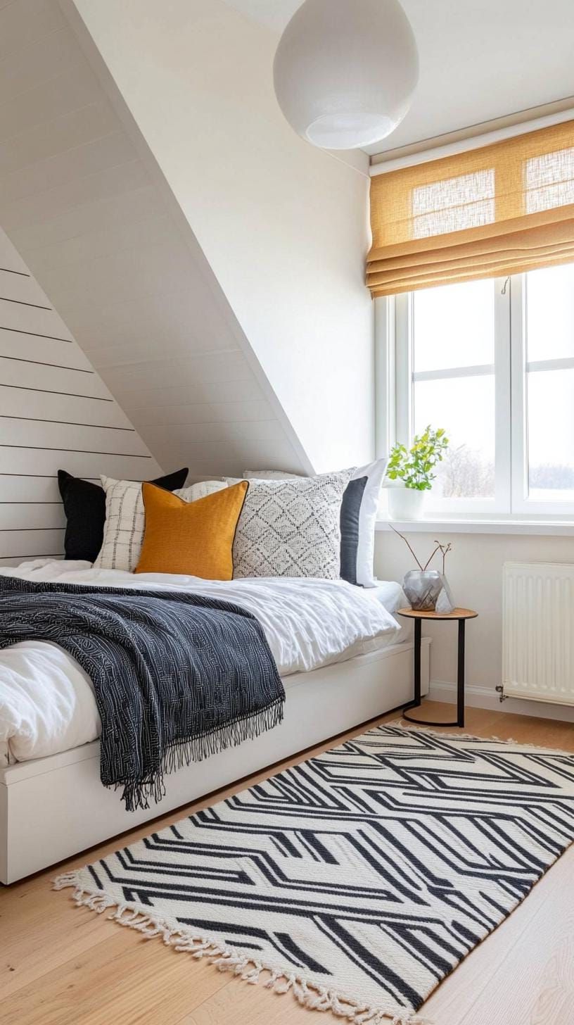 20 Super Cozy Small Attic Bedroom Ideas to Explore Today 26 8. Modern Chic Monochrome featuring a black and white color scheme with geometric patterns-2