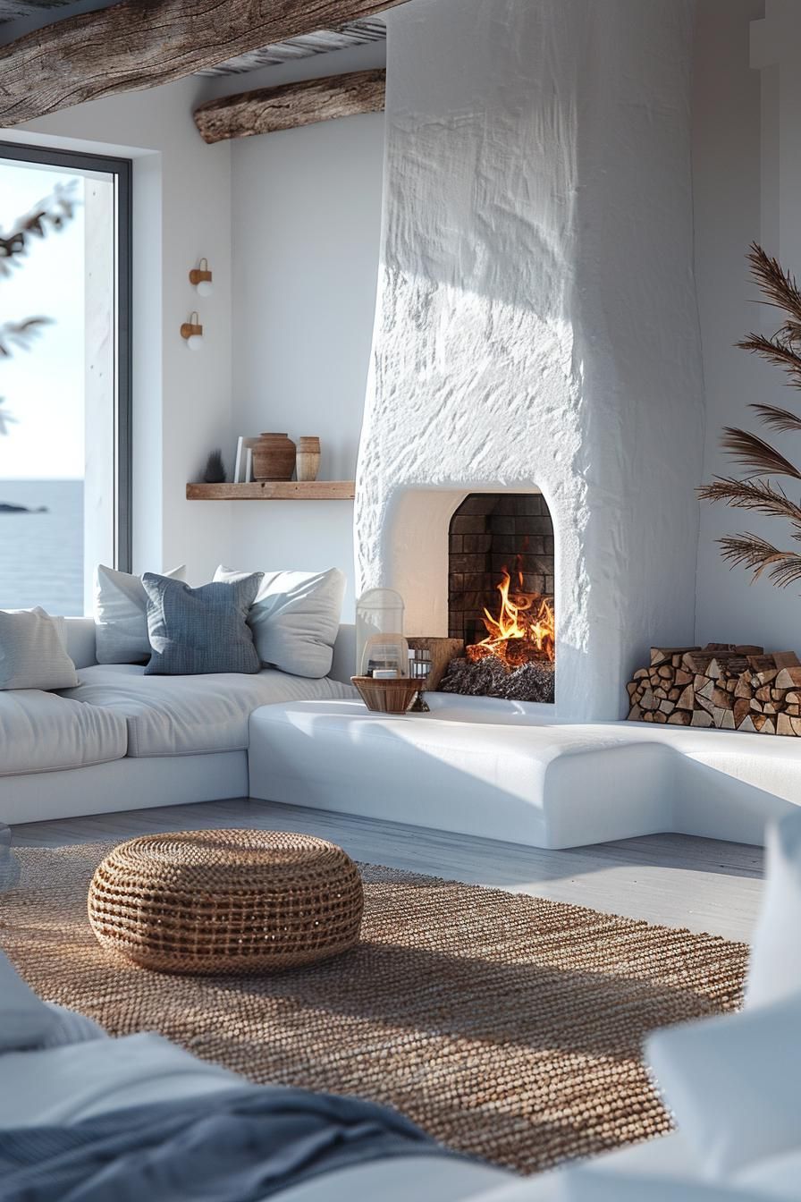 15 Aesthetic Modern Coastal Living Room Ideas 27 10. Sleek Coastal Fireplace Ideas-1