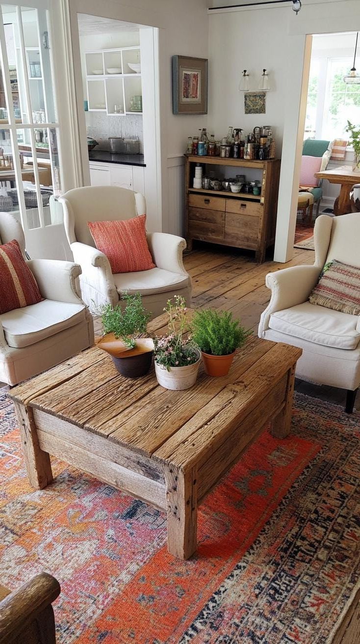 23 Unique Boho Farmhouse Living Room Ideas To Copy 7 2. Rustic Revival: Feature a centerpiece reclaimed wood coffee table surrounded by mismatched vintage-inspired armchairs and wool throws in autumnal hues-1