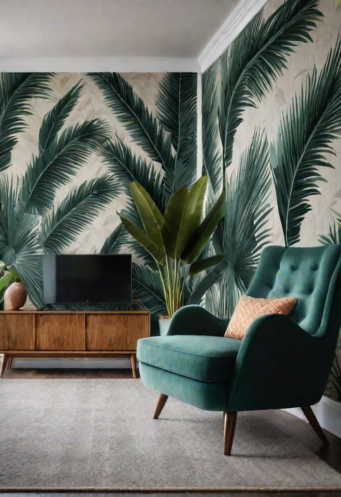27 Beautiful Mid Century Modern Living Rooms 27 22. Tropical Wallpaper Accent-0