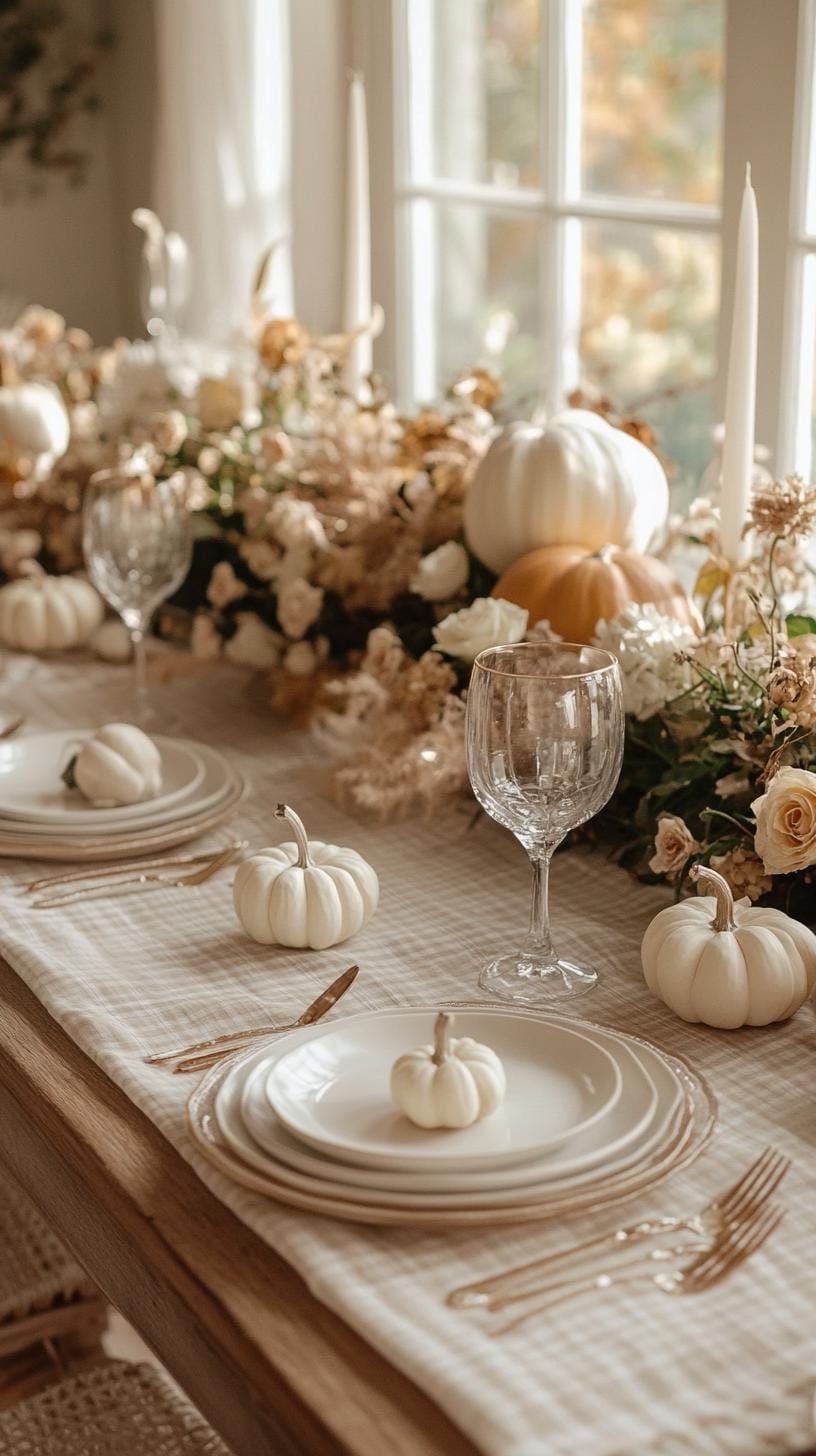 6. Modern farmhouse setting with buffalo check and cream pumpkins-1