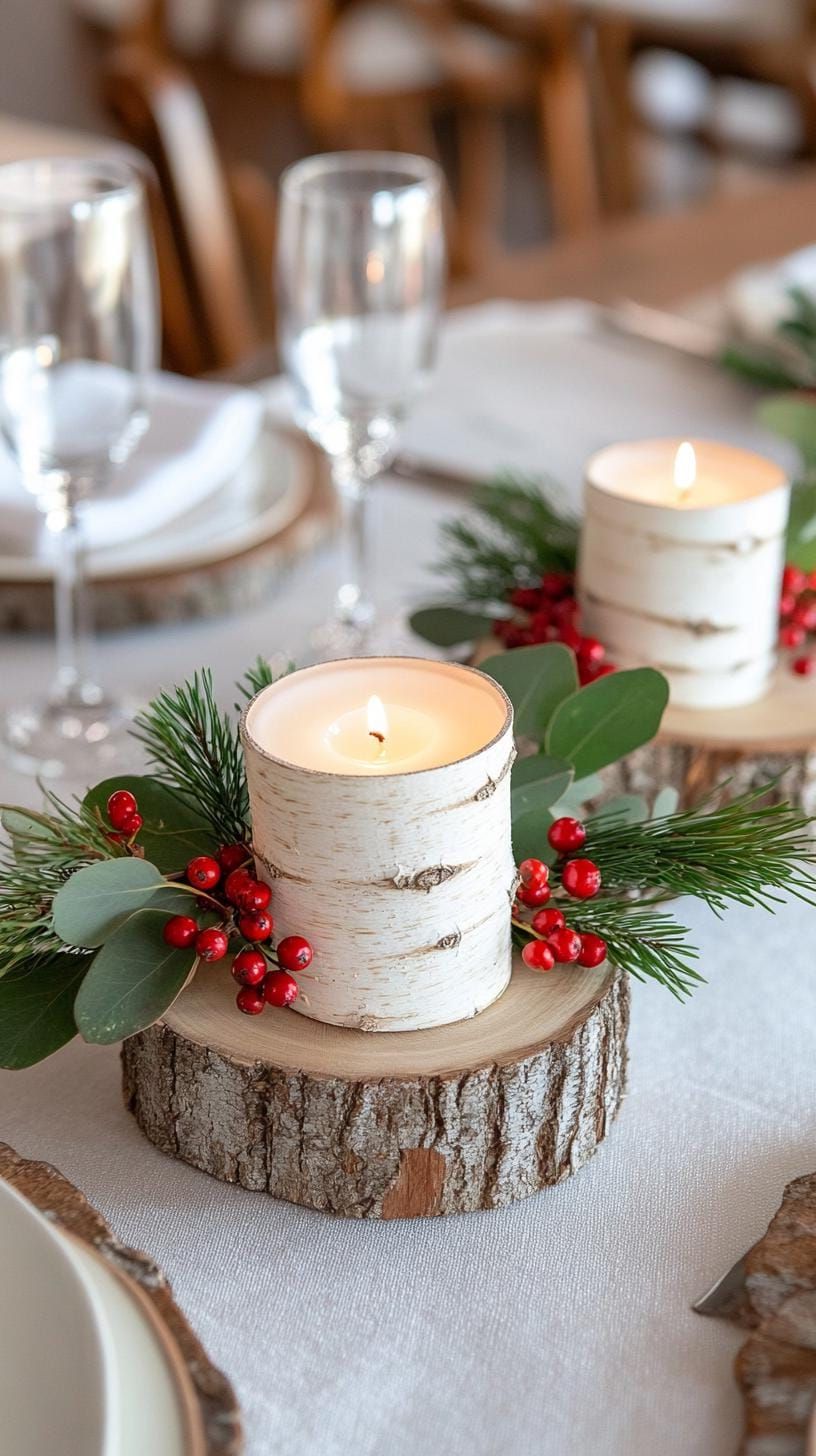15 Stunning Winter Centerpieces to Transform Your Table 17 5. Birch Log Trio: Lay three birch logs of ascending lengths in the center, topped with white birch bark candles and sprigs of red winter berries-1