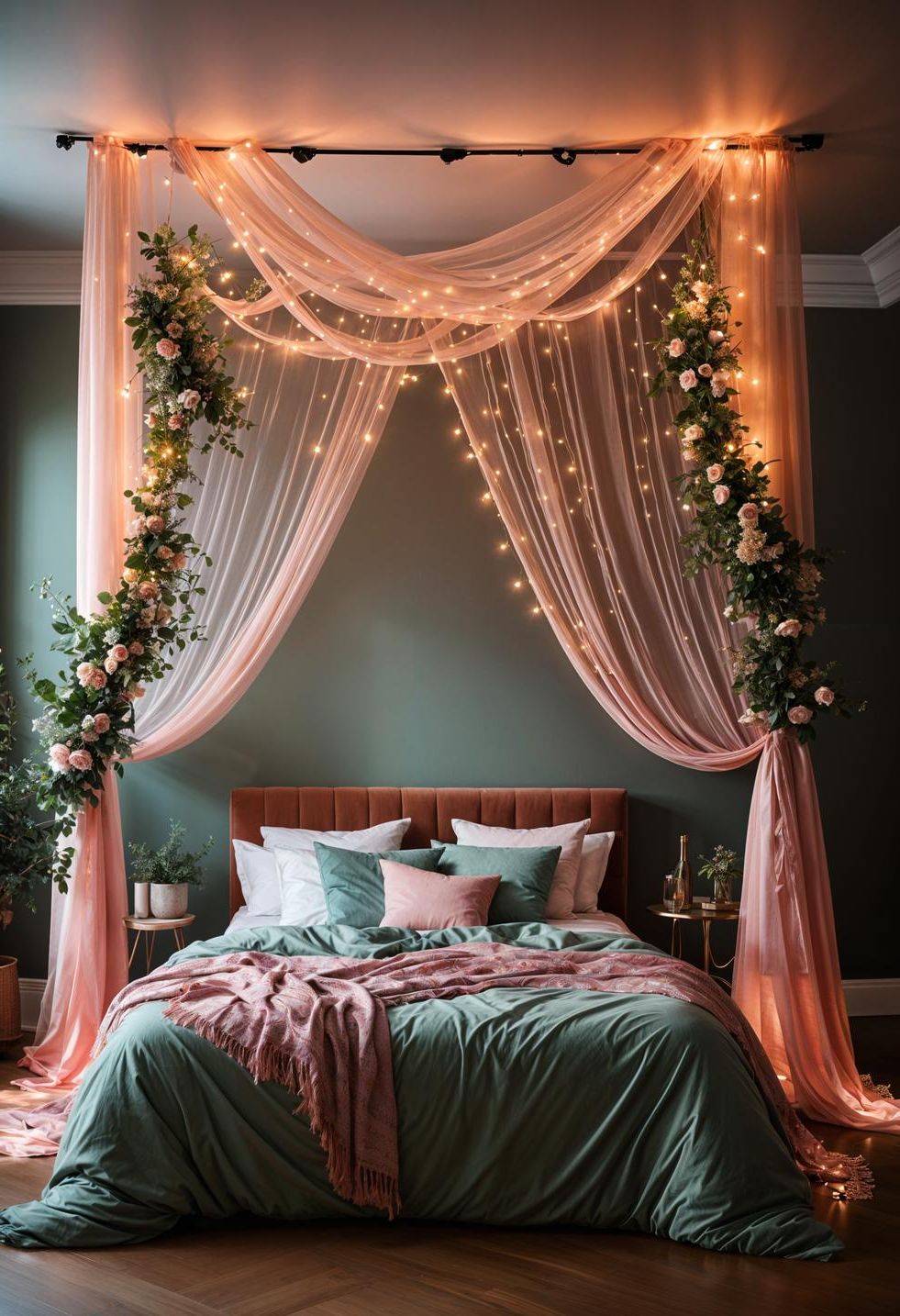 31 Chic Sage Green and Pink Bedroom Inspirations 14 7. Enchanting Fairy Lights Canopy Made_of SageGreen & Pink-0