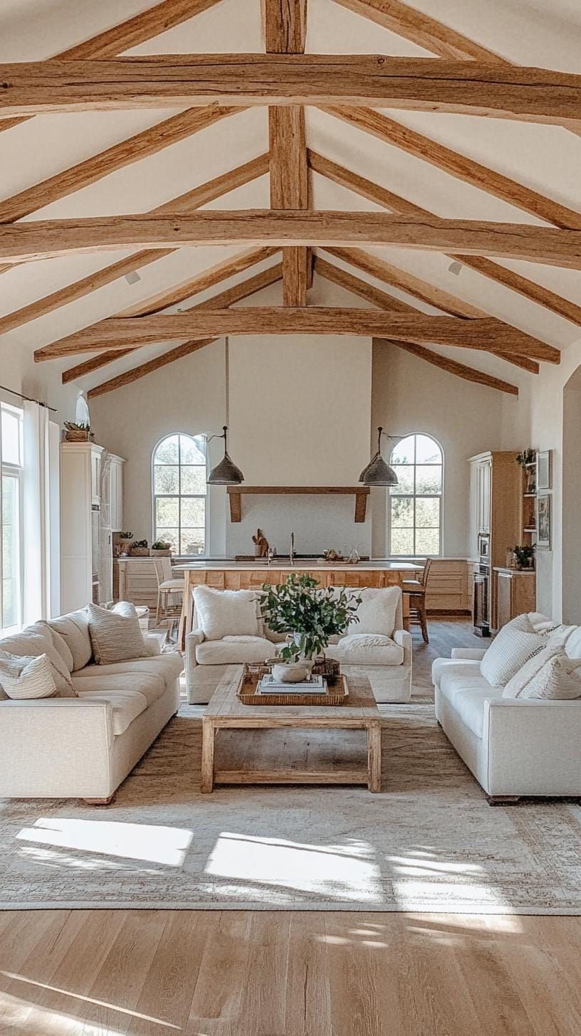 23 Best Modern Farmhouse Living Room Ideas To Inspire You 3 1. Open-Concept Living with Large Rustic Wooden Beam Ceilings and Minimalist Furniture-0