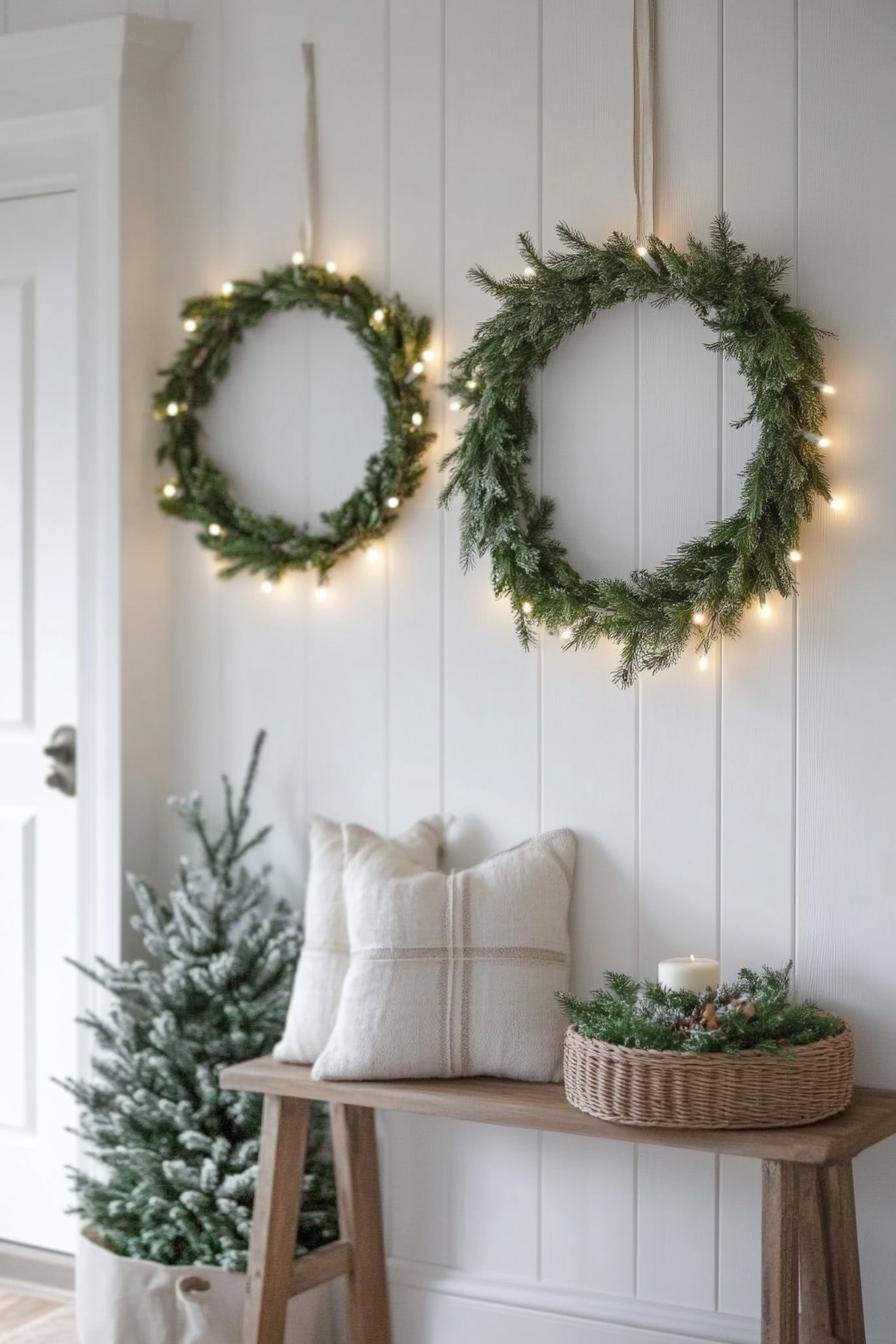 20 Minimalist Christmas Decor Ideas You’ll Love in 2025 5 1. Greenery Wreaths with Twinkling Lights-2