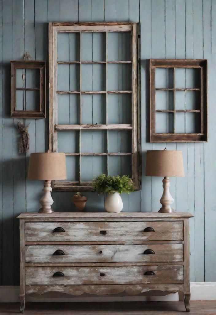 25 Charming Farmhouse Living Room Ideas For 2025 6 4. Vintage Window Wall Decor-0
