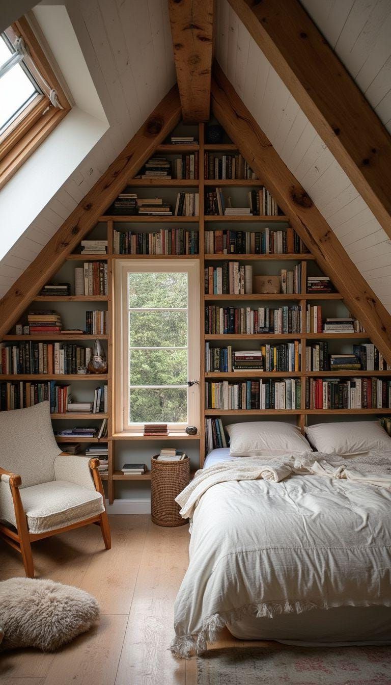 21 Cute Attic Bedroom Ideas You Will Love 51 16. Assemble a reading haven with cozy nooks, integrated bookshelves, and soothing neutral hues-0
