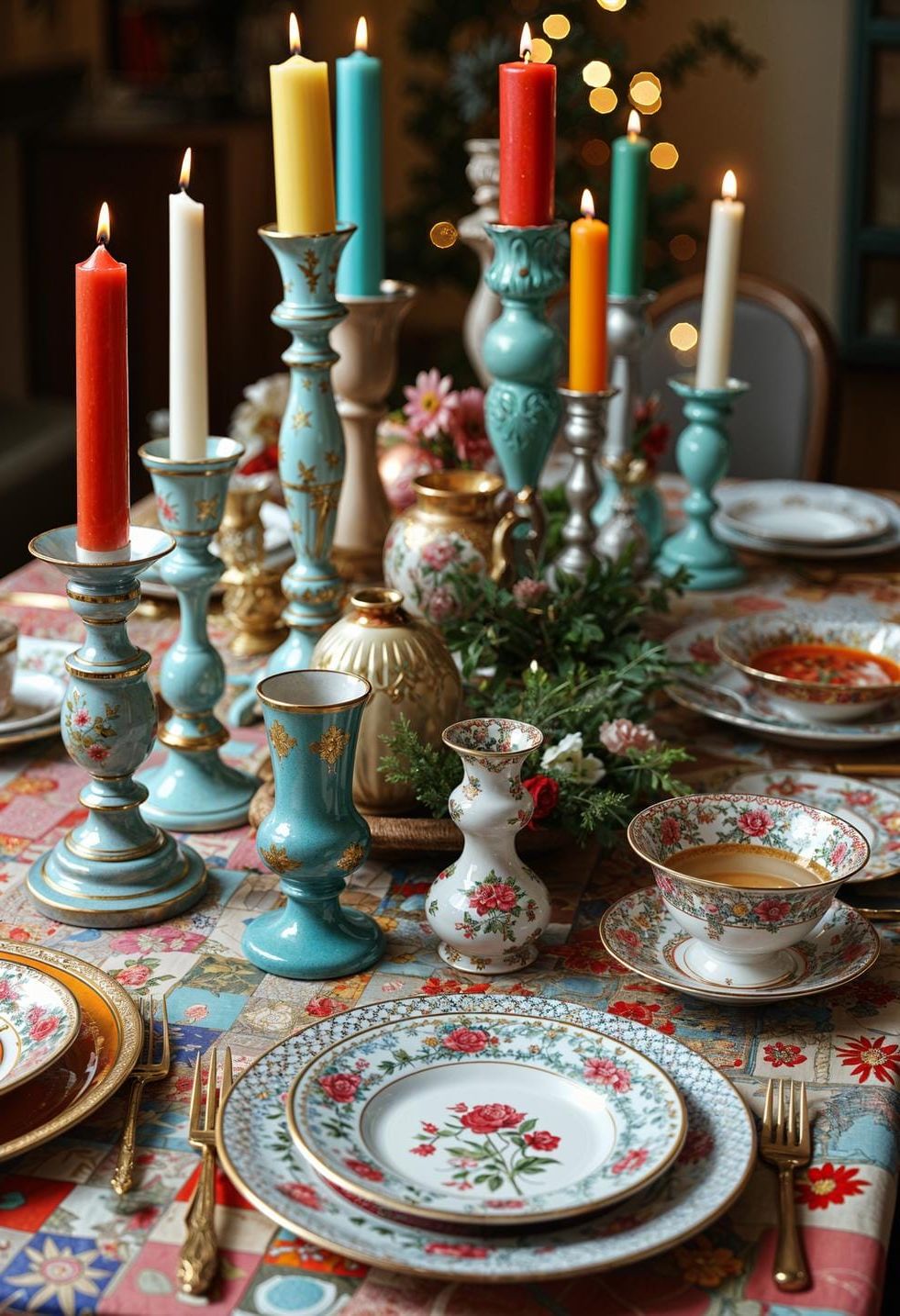 5. Eclectic Christmas Table with Mismatched Vintage China and Candleholders-1