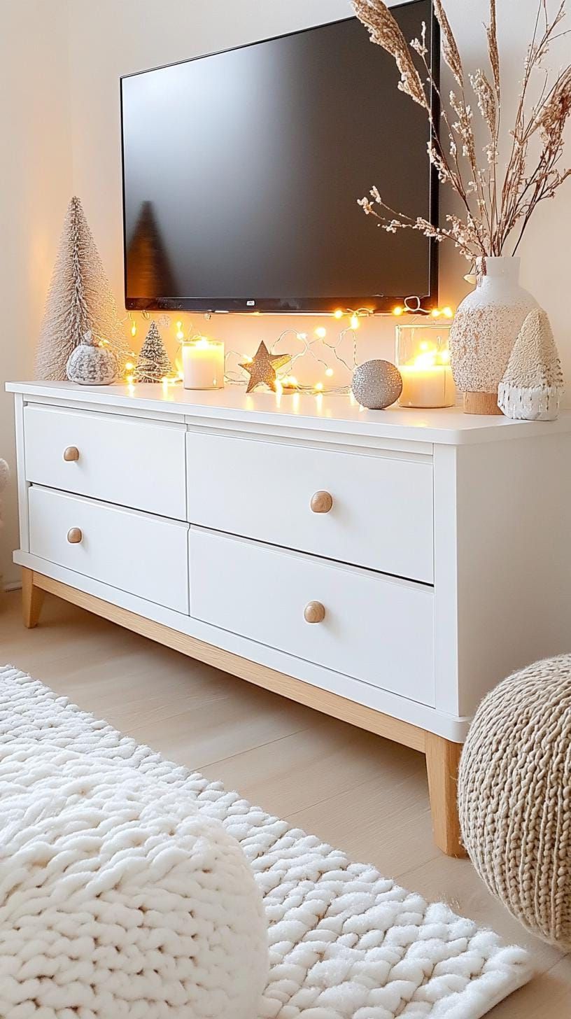 21 Trendy TV Stand Christmas Decor Ideas To Inspire You 39 17. Monochromatic TV stand with a focus on varying textures and natural elements-1