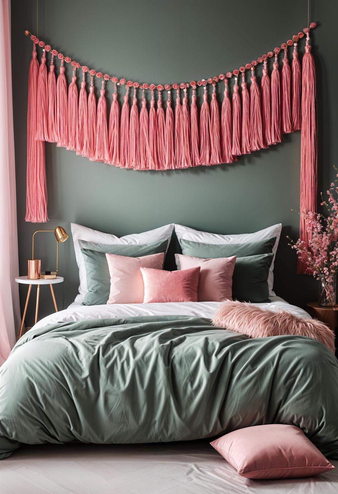 31 Chic Sage Green and Pink Bedroom Inspirations 29 19. Tassel Garland Bedroom Decor-0
