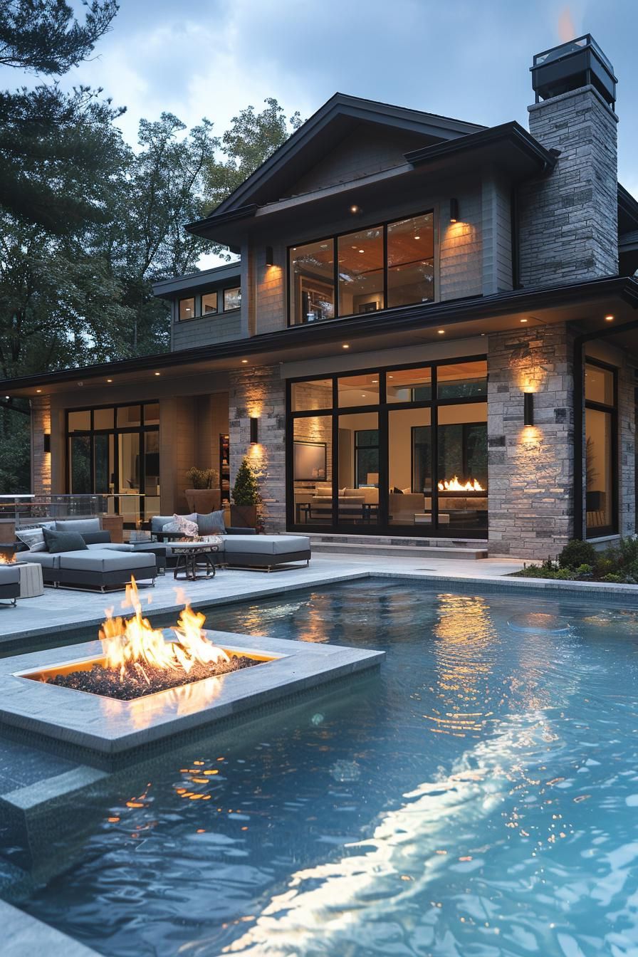 19 Unique Pool Design Ideas for Your Dream Backyard 35 12. Nighttime Fire Pit Pool Integration-0