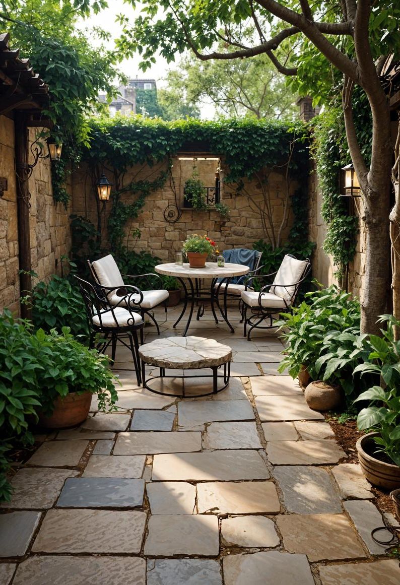 21 Small Flagstone Patio Ideas You’ll Love 13 4. Secret oasis with elegant decor-1