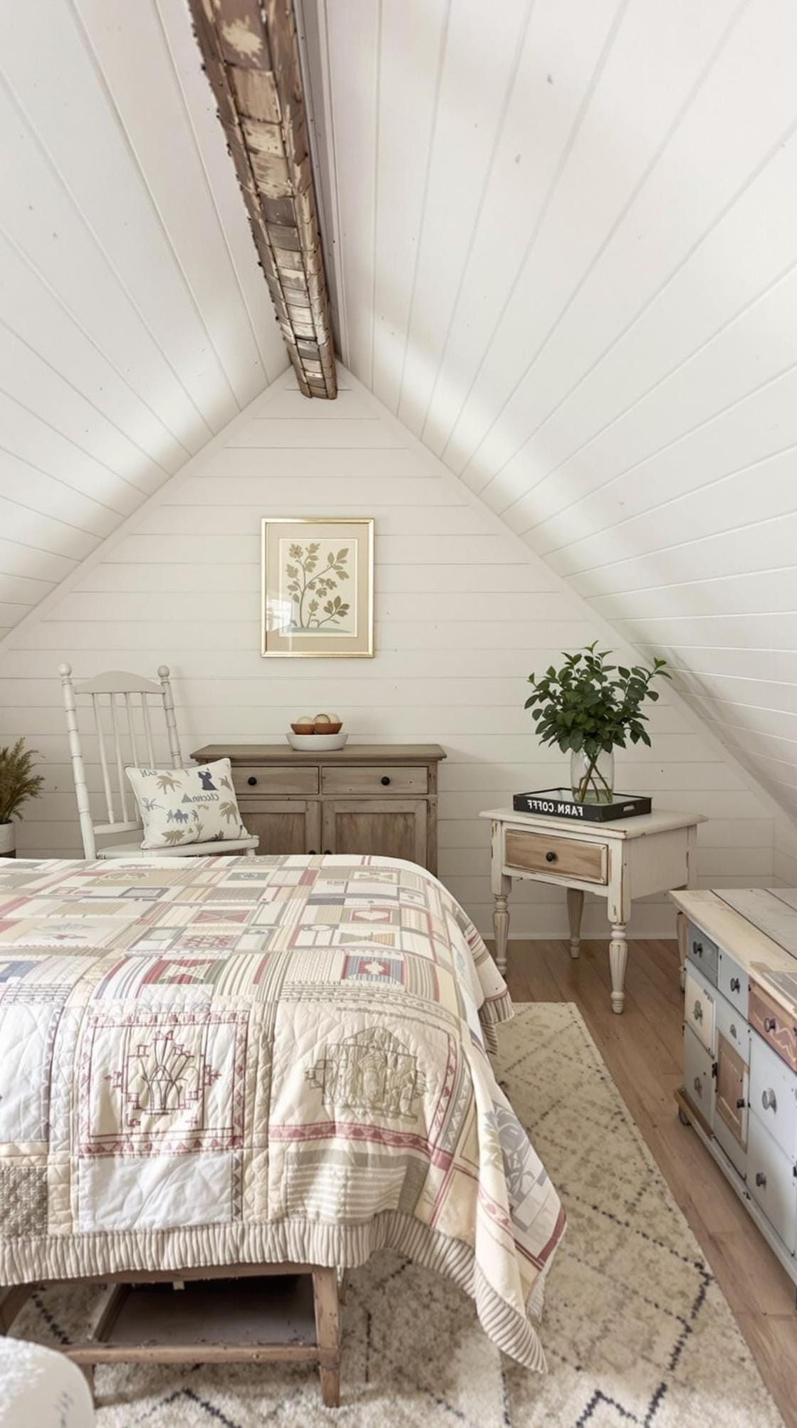21 Cute Attic Bedroom Ideas You Will Love 25 7. Design a farmhouse-style escape with shiplap walls, a quilted bedspread, and antique wooden furniture-2