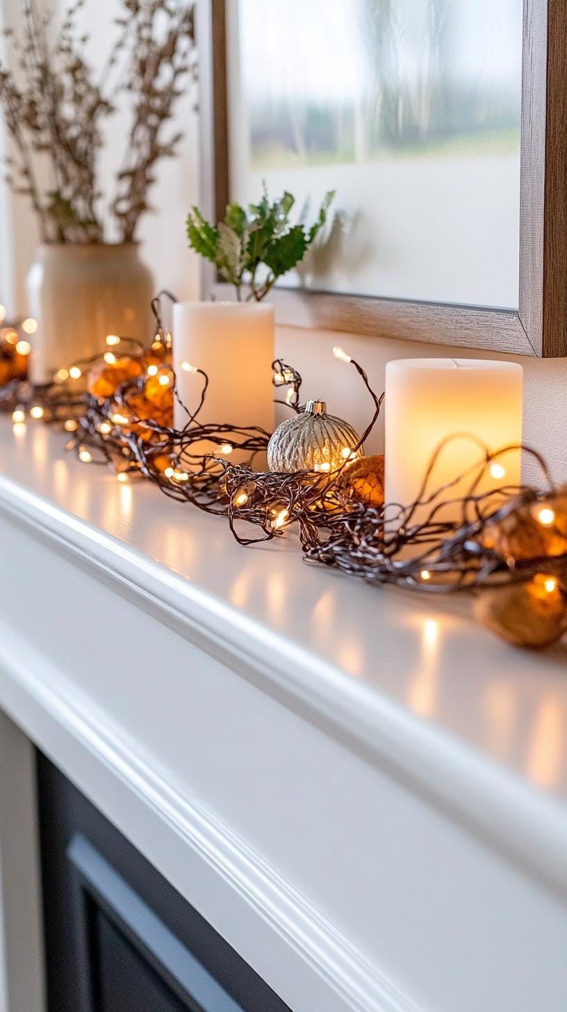 19 Best Winter Mantle Decor Ideas To Cozy Up Your Home In 2025 23 9. Glowing Grapevine Winter Mantle Display-1