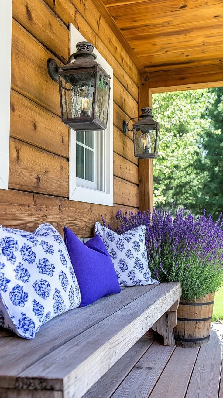 1. Rustic farmhouse charm with reclaimed wood seating, lantern lights, and potted lavender-1