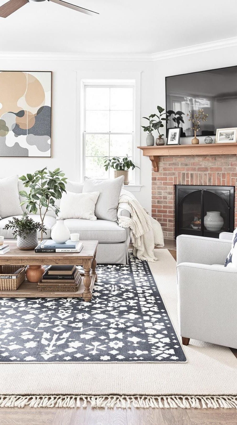 19 Cozy Moody Farmhouse Living Room Ideas That Wow 58 18. Layered Moody Farmhouse Rug Styling-2