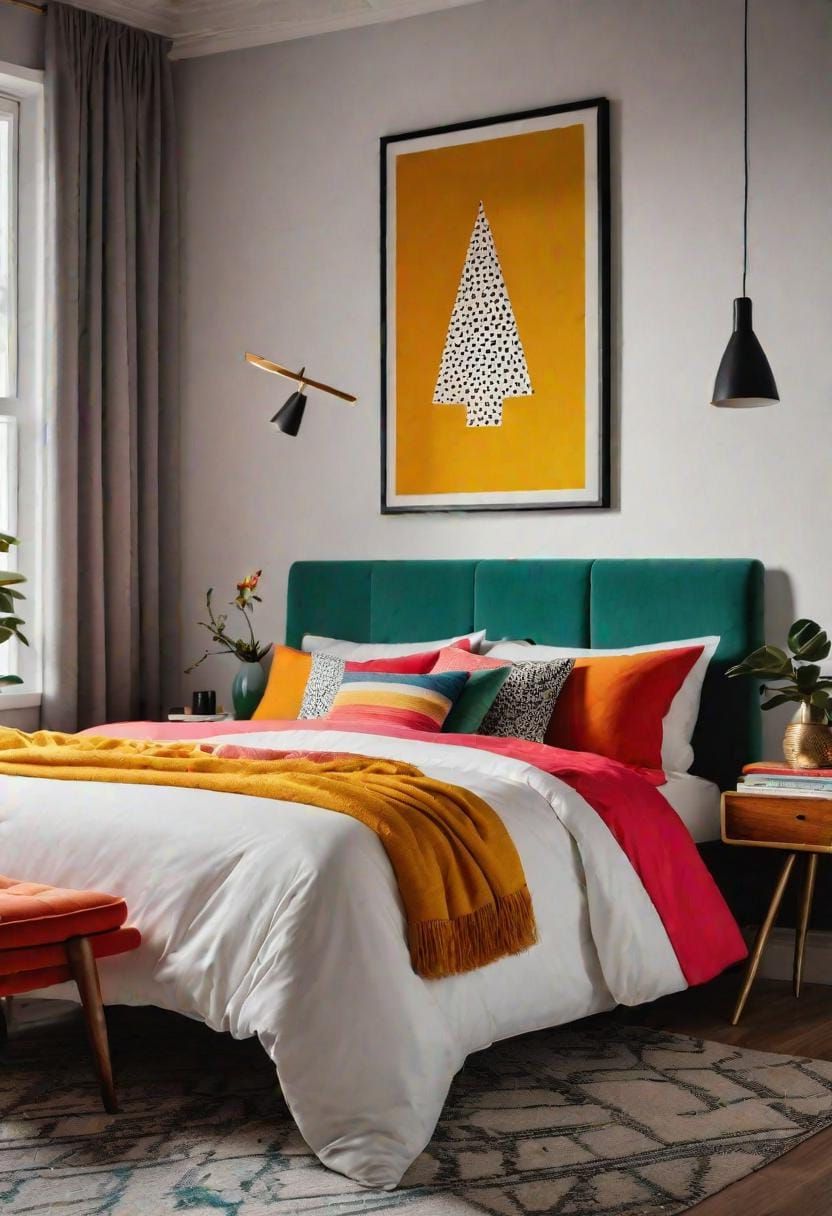 21 Modern Bedroom Ideas For Your 2025 Makeover 44 13. Retro modern with vibrant colors, bold prints, and mid-century pieces-1