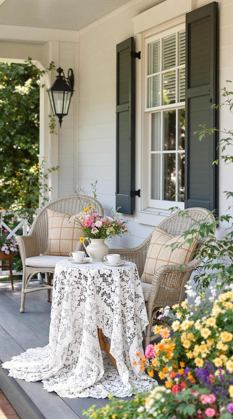 25 Beautiful Front Porch Ideas to Elevate Your Home Style 35 12. Country elegance: Wicker chairs paired with a lace tablecloth adorned with fresh wildflowers and vintage teacups-0