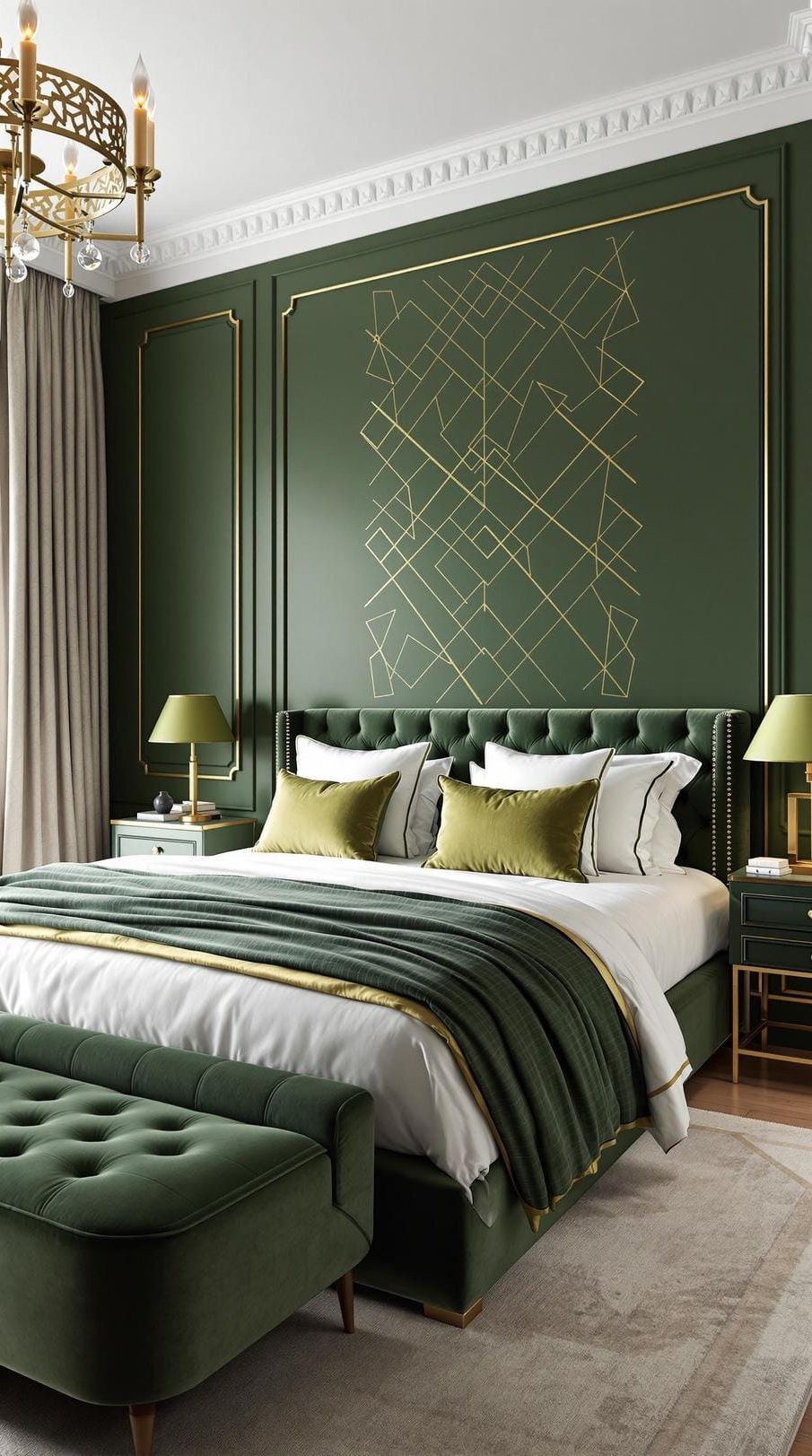 23 Stunning Olive Green Bedroom Ideas You’ll Absolutely Love 18 5. Modern Olive Green Bedroom with Gold Geometric Patterns-0