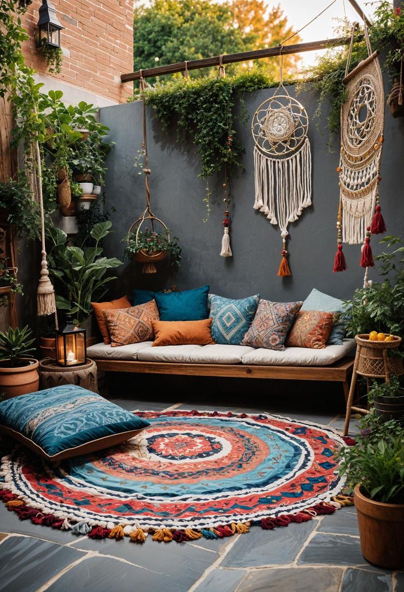 21 Small Flagstone Patio Ideas You’ll Love 51 18. Boho Patio Lounge Inspiration-1