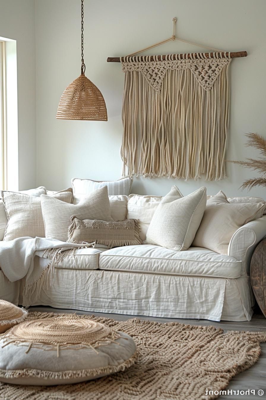 15 Chic Neutral Coastal Living Room Ideas You Will Love 36 15. Boho Macrame Wall Decor-1