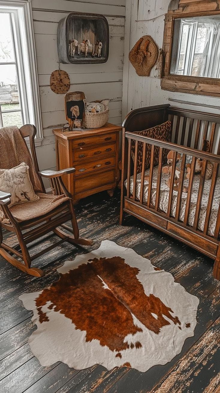 25 Chic Ranch House Decor Ideas for Modern Rustic Living 53 16. Rustic nursery with cowhide rug, wooden rocking chair, and horse decor-2