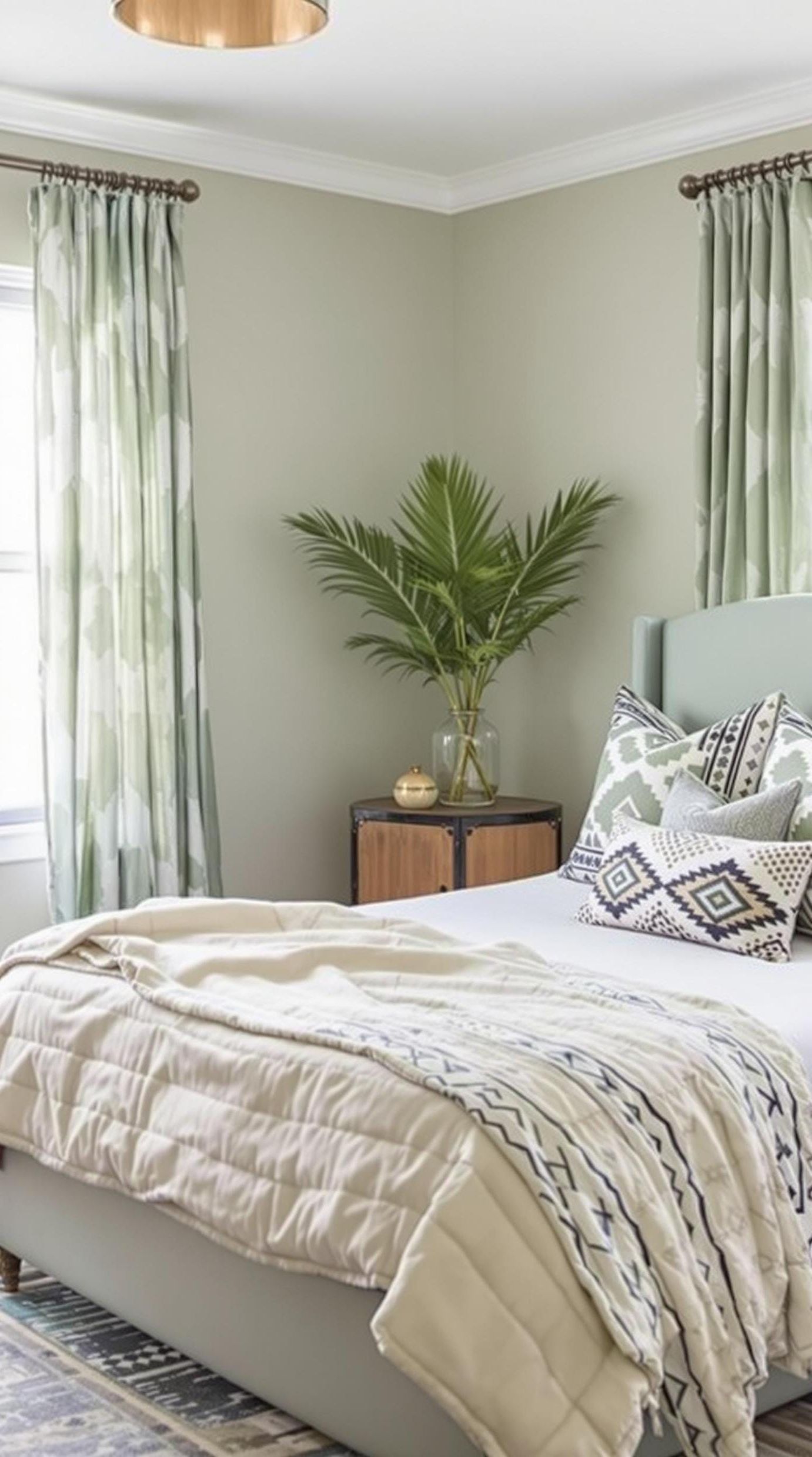 3. Global Patterns: Incorporate sage-toned tribal prints in pillows, rugs, and curtains against a muted backdrop-1