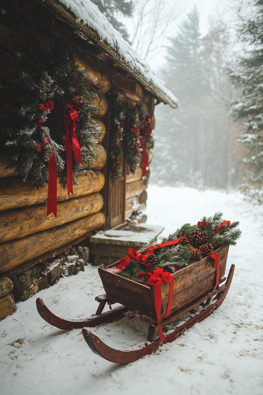 21 Cozy Mountain Lodge Christmas Decor Ideas 52 20. Vintage Sleds & Evergreen Accents-1