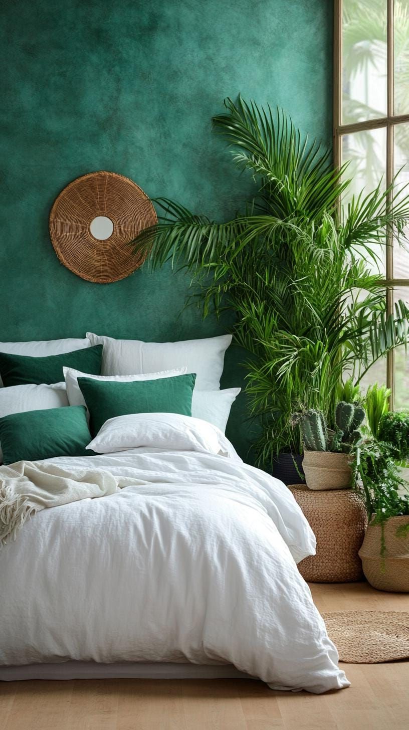 20 Moody Green Bedroom Ideas for a Cozy Retreat 11 3. Botanical Sanctuary: Layer various shades of green with lush indoor plants against a backdrop of moss-colored walls-1