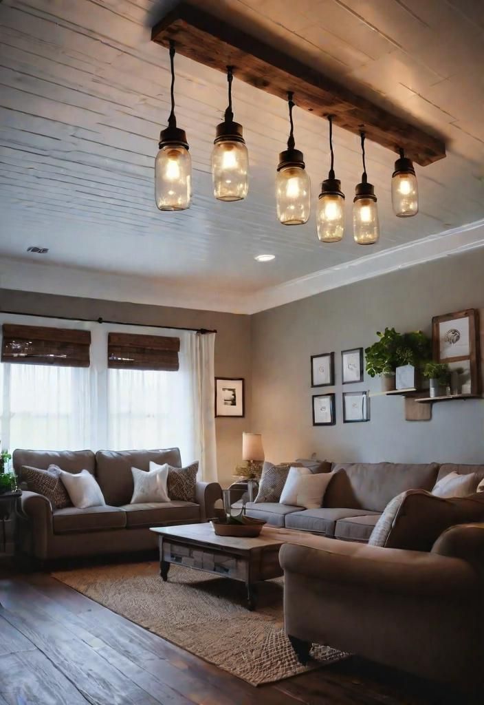 25 Charming Farmhouse Living Room Ideas For 2025 10 8. Mason jar lighting fixtures-0