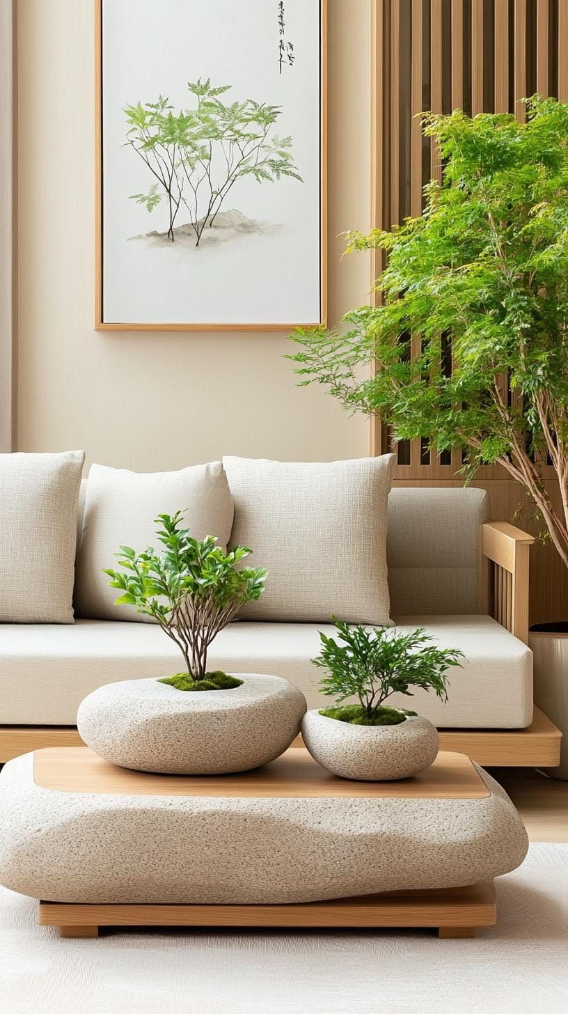 15 New Japandi Living Room Ideas You’ll Love 26 9. Nature-Infused Space: Incorporating Stone Planters and Water Features-1