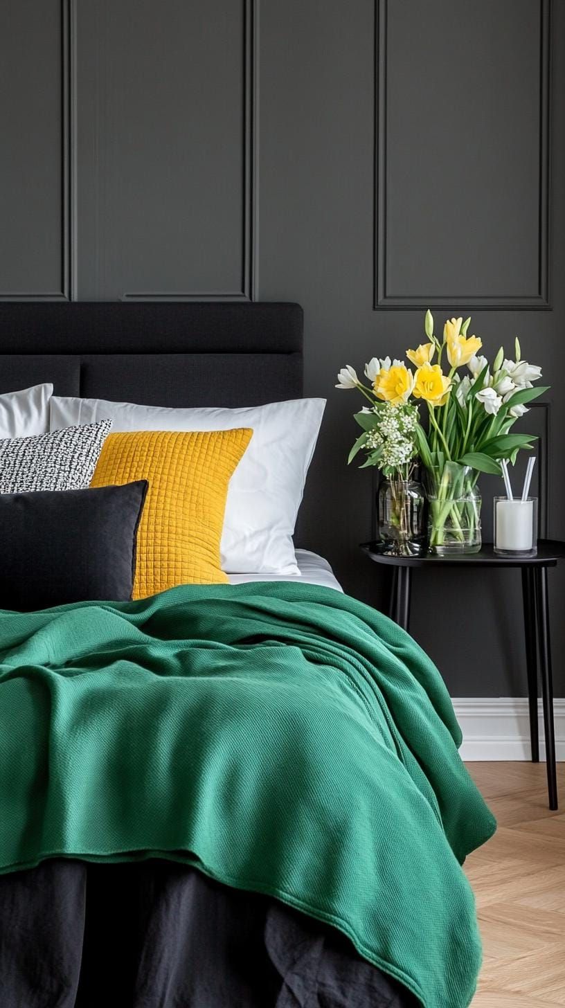 20 Elegant Green and Black Bedroom Ideas You Must See 47 15. Nordic Nights: Mix deep green fabrics with black Scandinavian furniture for simplicity and style-1