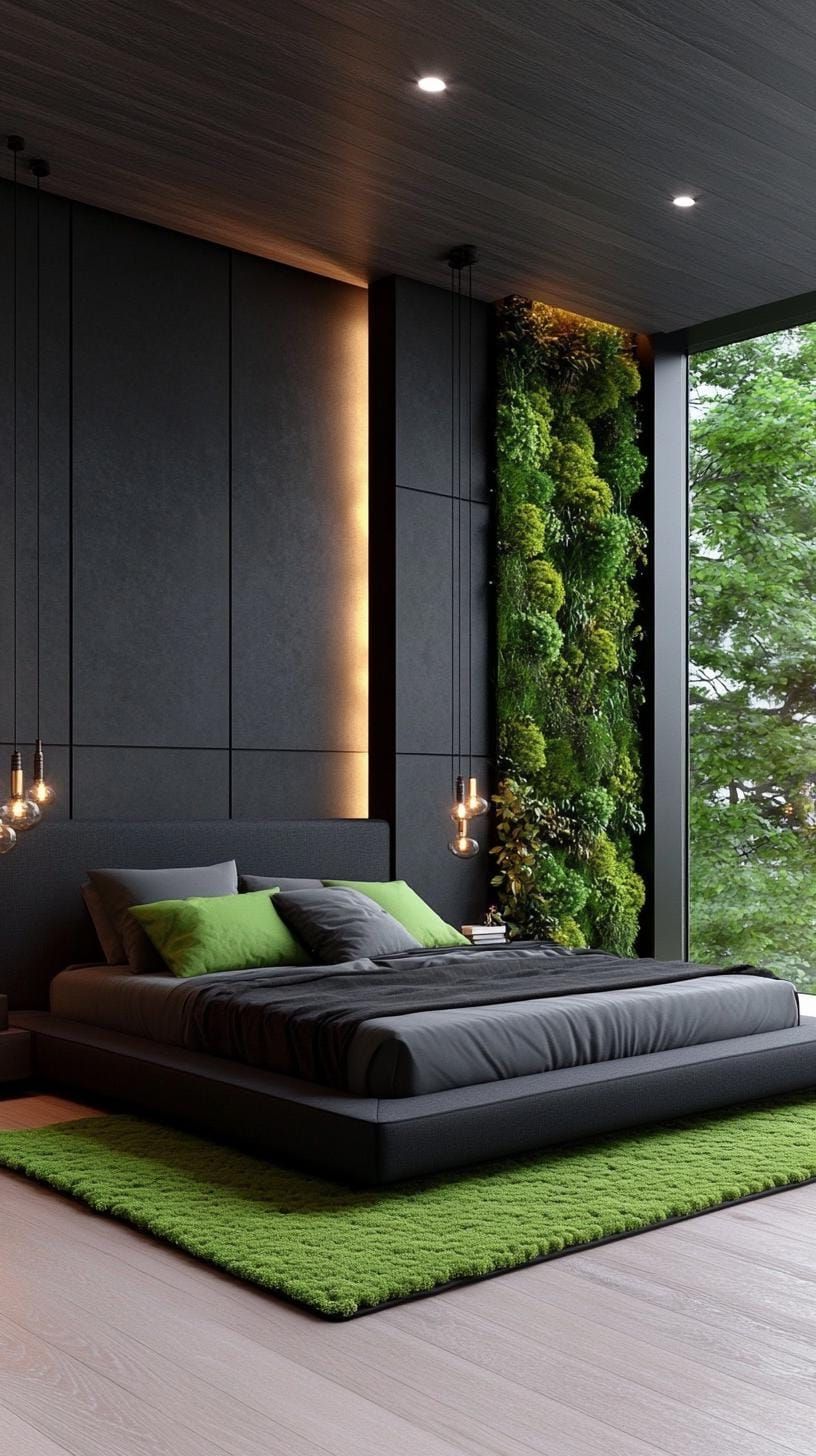 20 Elegant Green and Black Bedroom Ideas You Must See 13 4. Forest Noir: Pair dark wood flooring with green moss rugs and black wall art-1