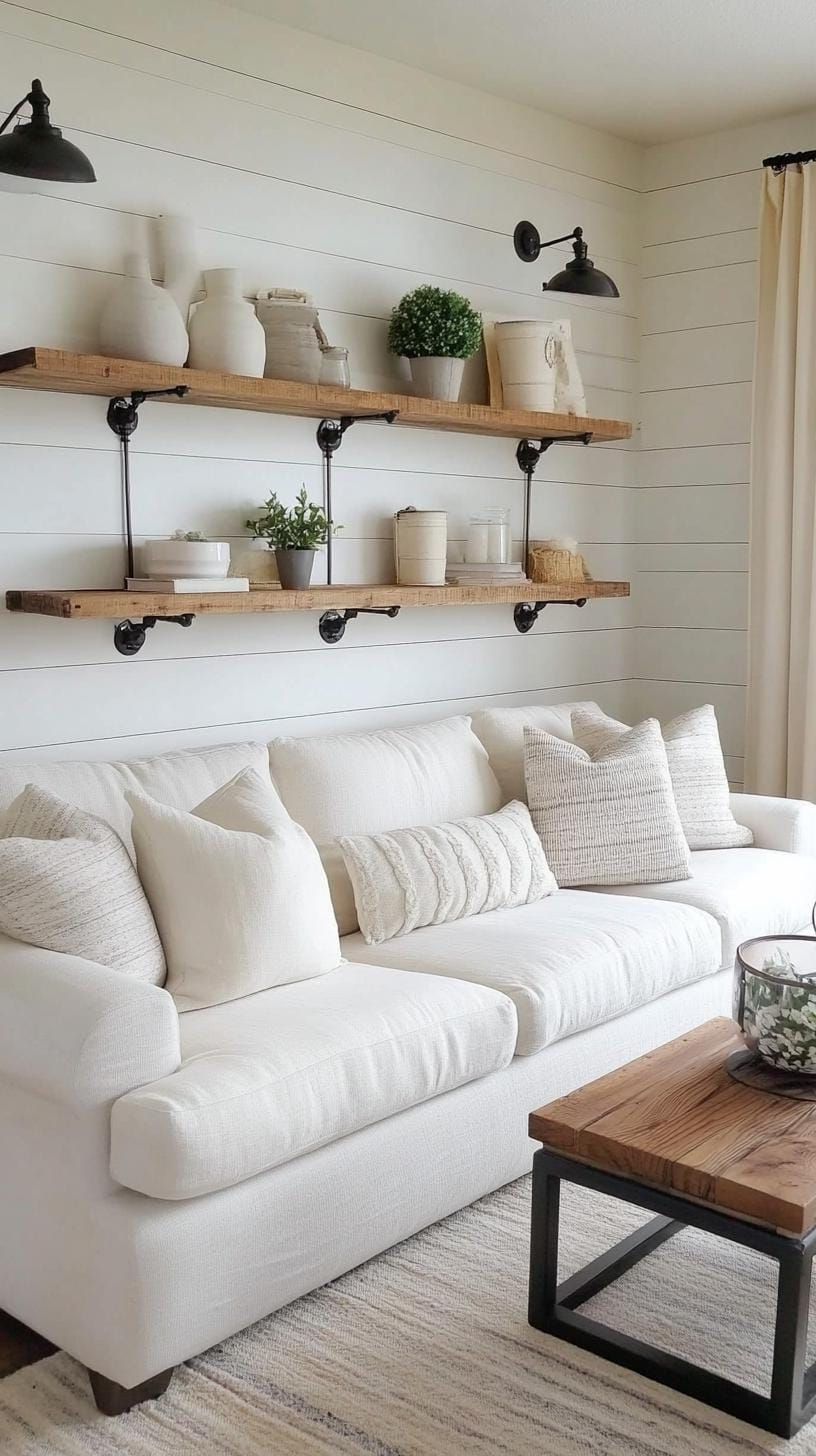 21 Best Industrial Farmhouse Living Room Ideas to Inspire 14 4. Blend functionality and style with a sectional sofa in a soft linen fabric against a backdrop of shiplap walls and industrial piping shelves-2