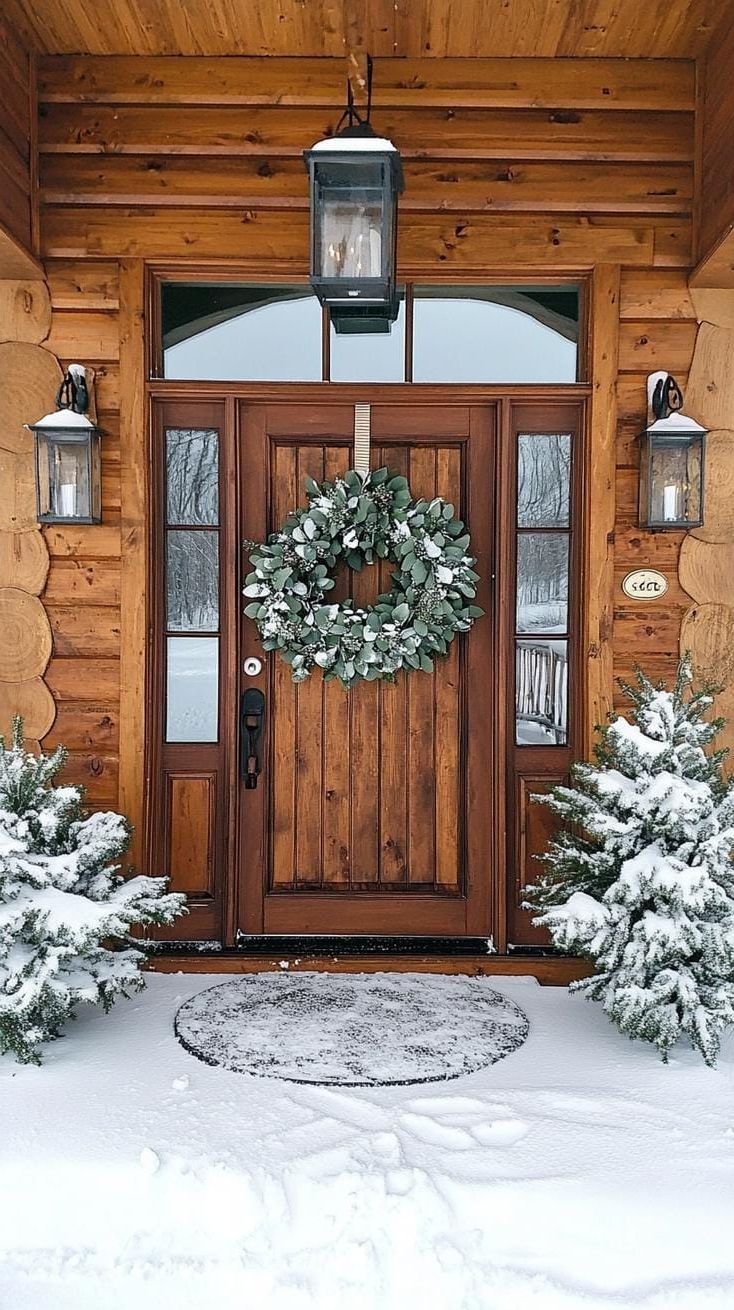 15 Gorgeous Winter Porch Decor Ideas to Spark Your Creativity 22 7. Snow-Dusted Eucalyptus Wreath on Wooden Door-1