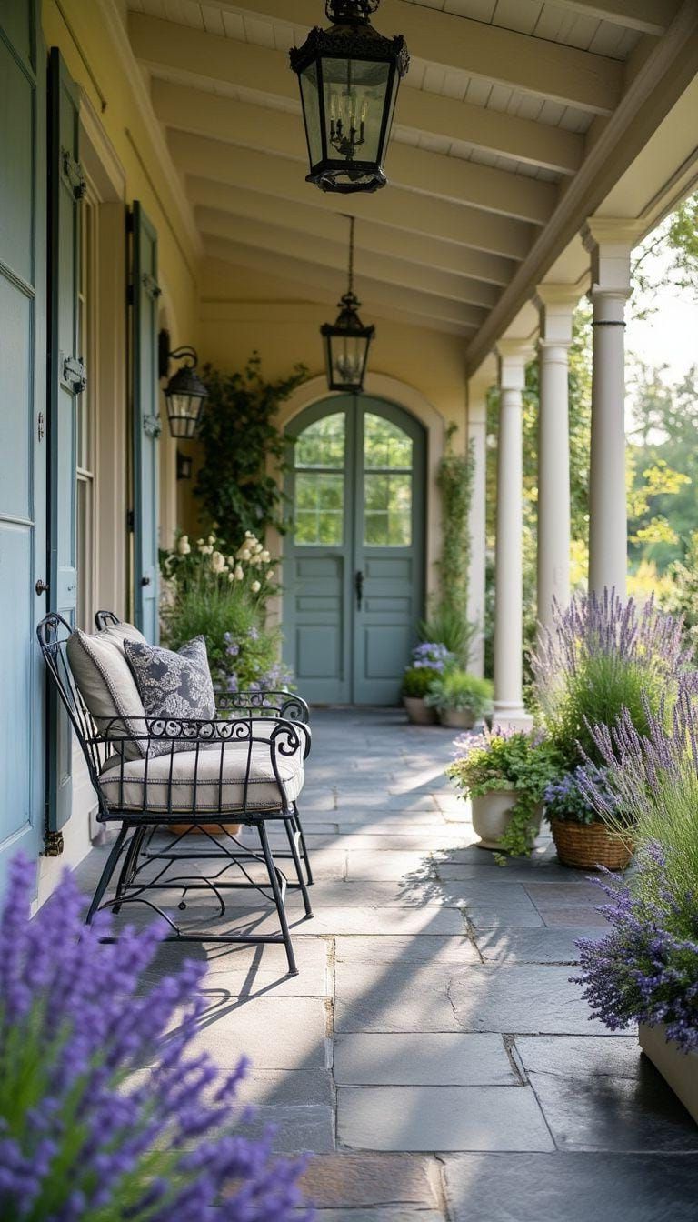 25 Beautiful Front Porch Ideas to Elevate Your Home Style 60 22. French countryside: Slate floors, lavender plants, and wrought iron furniture invoke a pastoral elegance-0