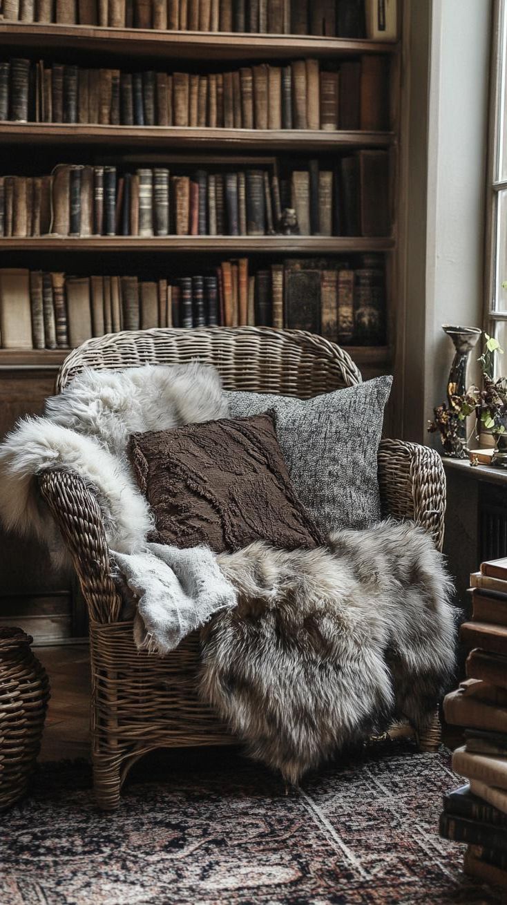 10. An oversized woven rattan chair with plush faux fur throws and a nearby stack of ancient leather-bound books-0