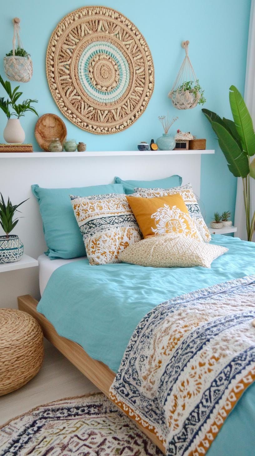 21 Best Blue Boho Bedroom Ideas To Inspire You 36 11. Sky Blue Zen: Balance sky blue soft furnishings with floating white shelves and potpourri bowls-0