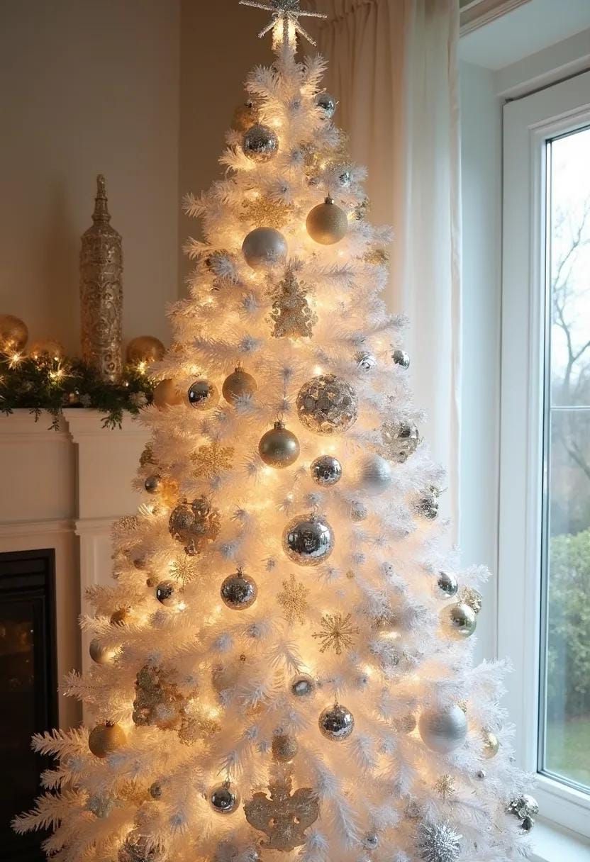 21 Magical Christmas Decor Inspiration for a Cozy Home 13 5. Elegant White Flocked Tree Decor-1